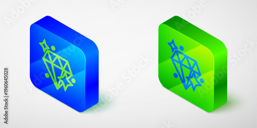 Isometric line Diamond icon isolated on grey background. Jewelry symbol. Gem stone. Blue and green square button. Vector