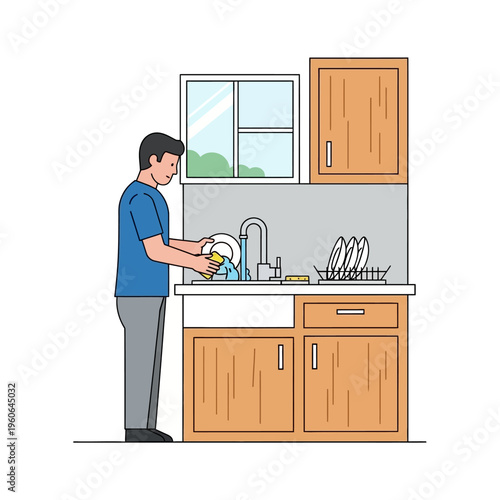 Man washing dishes in kitchen sink, domestic chores, cleaning routine, healthy lifestyle