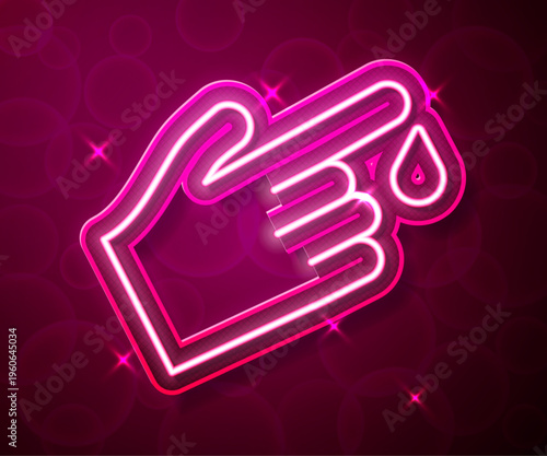 Glowing neon line Hand finger with blood drops icon isolated on isolated on red background. Diabetes, sugar blood. Vector