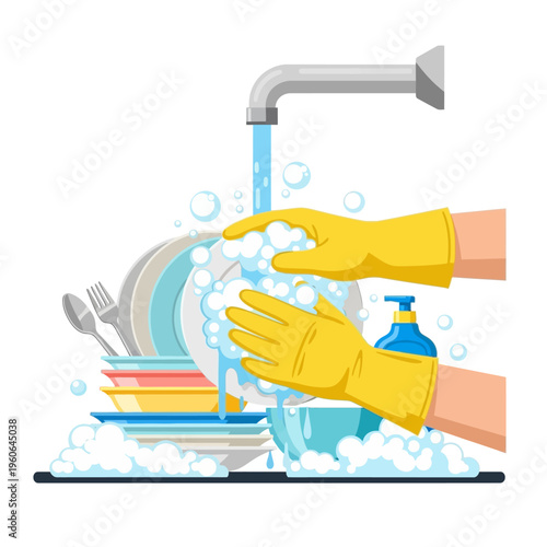 Hands in yellow gloves washing dishes under running water with soap bubbles