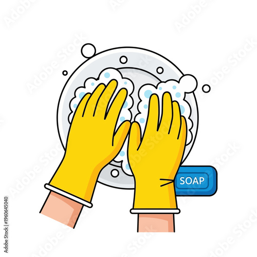 Hands in Yellow Gloves Washing Dishes with Soap and Bubbles