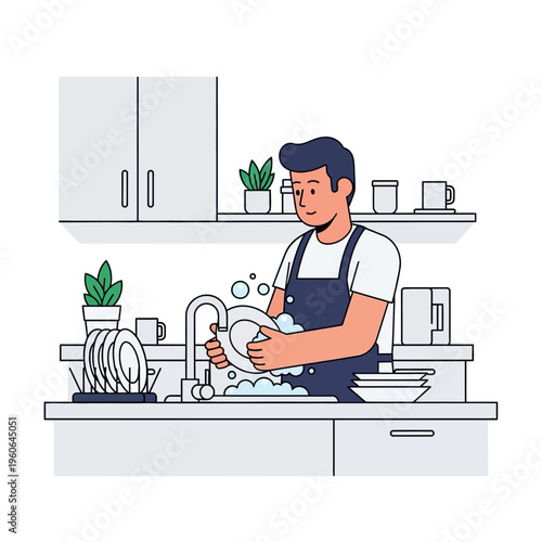 Man washing dishes in kitchen sink, domestic chore, everyday life illustration