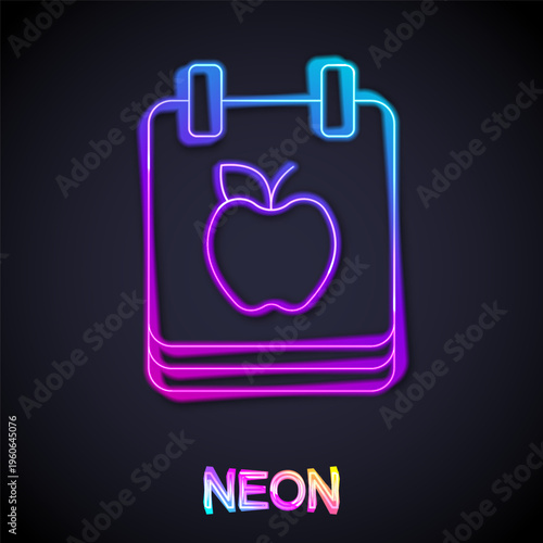 Glowing neon line Diet plan icon isolated on isolated on black background. Concept of fitness marathon, proper nutrition, healthy food, beautiful body, vegetables, slimming. Vector