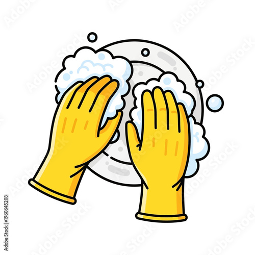 Hands in Yellow Gloves Washing Plate with Soap Suds - Cleaning Icon