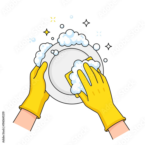 Hands in yellow gloves washing plate with sponge and bubbles, clean kitchen hygiene