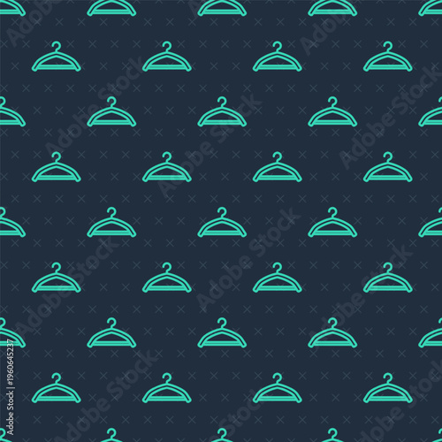 Green line Hanger wardrobe icon isolated seamless pattern on blue background. Cloakroom icon. Clothes service symbol. Laundry hanger sign. Vector