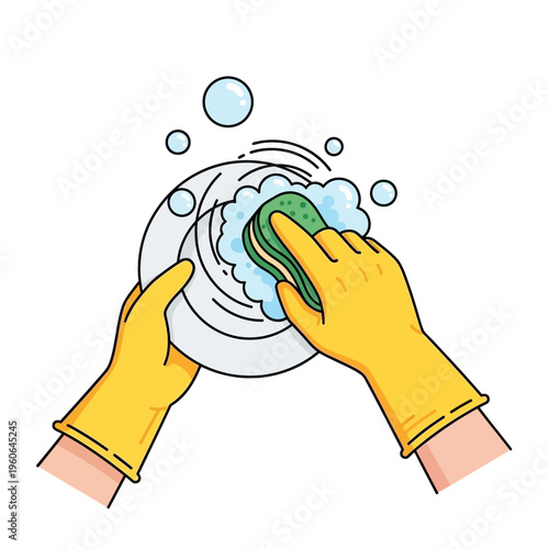 Hands in yellow gloves washing plate with sponge and soap bubbles, cleaning concept