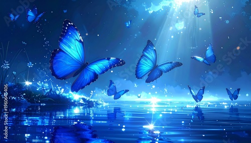 A blue butterfly flutters above the beautiful ocean waves.