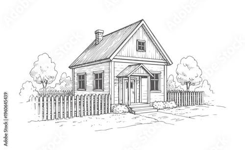 Hand drawn of a wooden house with a picket fence and trees architecture home rural
