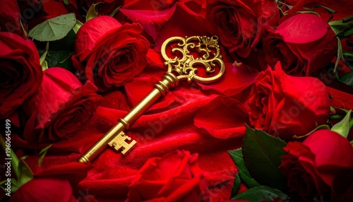 A beautiful red rose sits next to an antique golden key.