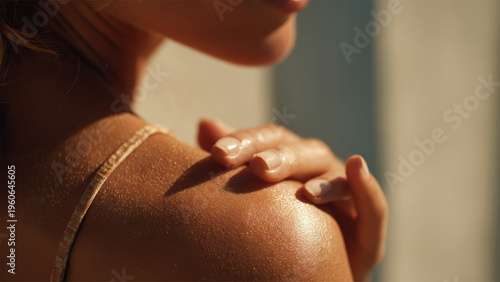 Close Up Woman Shoulder Touching Skin With Beauty Care And Wellness Concept