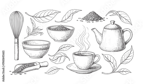 Hand drawn tea set with leaves and whisk white teapot saucer