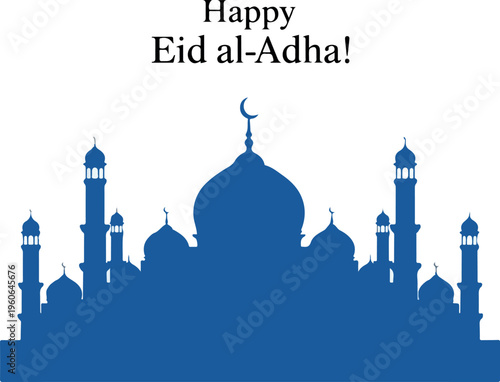 A beautiful blue silhouette of a mosque with a crescent moon on top, celebrating the holy festival of Eid al-Adha