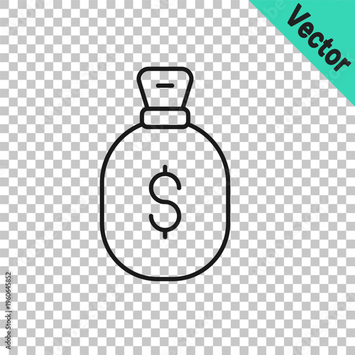 Black line Money bag icon isolated on transparent background. Dollar or USD symbol. Cash Banking currency sign. Vector