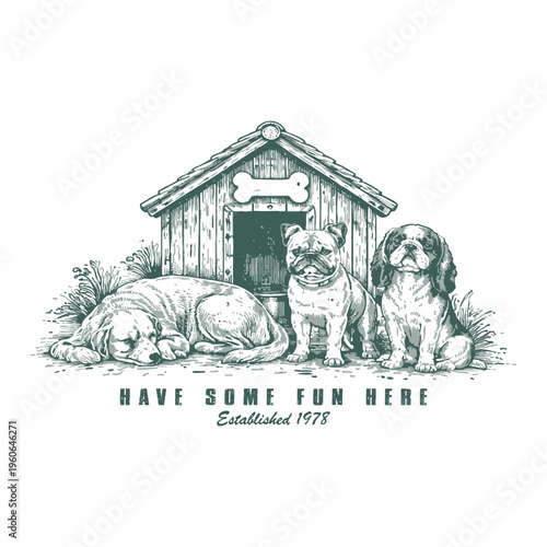 Retro Pet Scene with Bulldog, Golden Retriever, and Spaniel Dogs