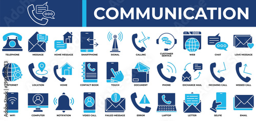 Communication icon set collection. Containing interaction, communicate, email, report, touch, contact, plan .Solid vector icons collection