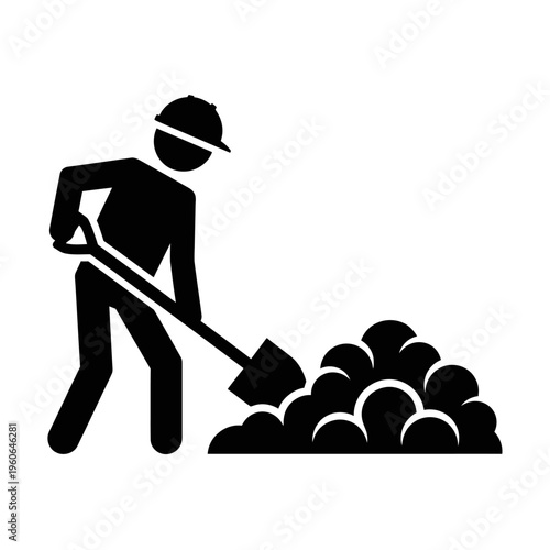 Construction worker digging with shovel in pile of dirt, construction site symbol