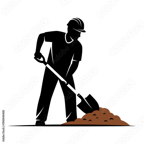 Construction worker digging with shovel, silhouette of man working on soil pile