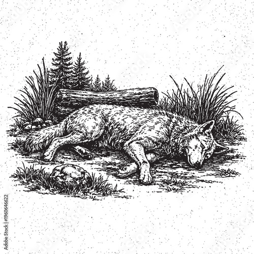 Sleeping Gray Wolf in Forest Landscape Woodcut Art with Pine Trees