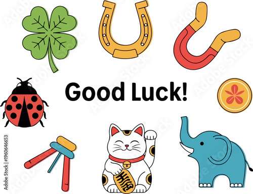 Collection of good luck symbols including a ladybug, horseshoe, four-leaf clover, and elephant with text