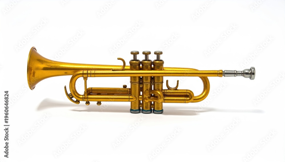 Obraz premium Shiny, golden brass wind instrument on a clean white background, angled right