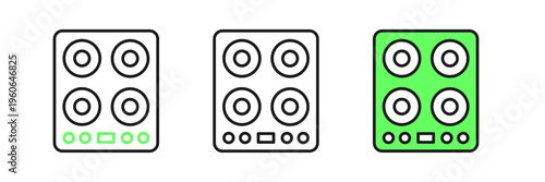 Set line Gas stove icon isolated on white background. Cooktop sign. Hob with four circle burners. Vector