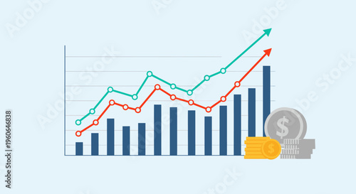 Financial growth chart with upward trending lines and bar graphs, illustrating business success, economic development, and investment returns with dollar coins.