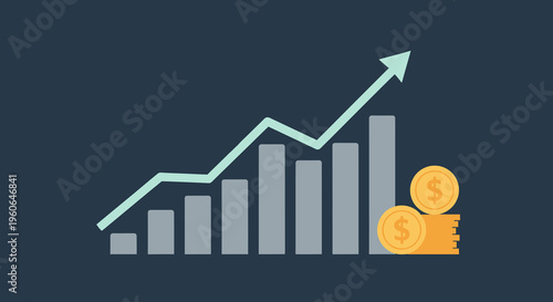 Illustrative representation of financial growth, investment success, and economic prosperity with an ascending bar chart, upward trend line, and stacked golden coins.
