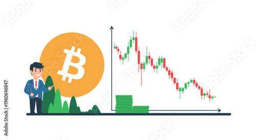 Businessman observing Bitcoin market crash with a downward trending candlestick chart. Cryptocurrency investment risk and financial decline concept.