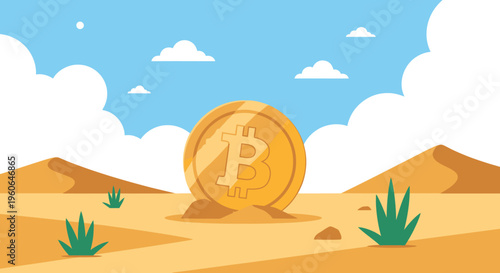 Golden Bitcoin coin emerging from desert sand under a blue sky with clouds, representing cryptocurrency growth and investment