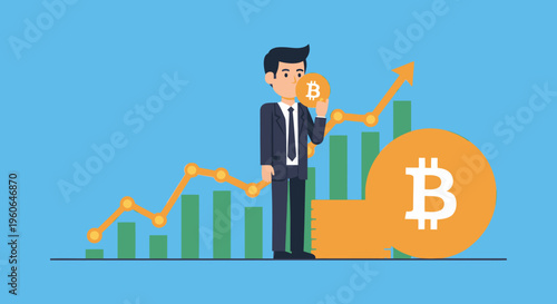 Businessman investing in Bitcoin, illustrating cryptocurrency market growth, financial success, and the upward trend of digital assets and blockchain technology.