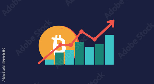 Bitcoin cryptocurrency market growth and investment concept. Upward trending bar chart with a digital coin, symbolizing financial success and blockchain technology.