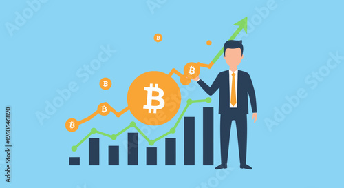 Businessman standing next to a growing Bitcoin chart, symbolizing financial success and cryptocurrency investment growth.