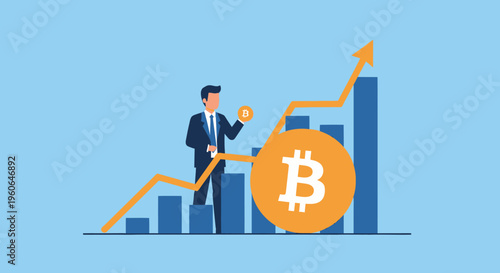 Businessman with Bitcoin symbol and rising graph, concept of cryptocurrency investment and financial growth