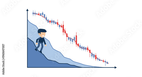 Man happily slides down a declining stock market graph illustrating financial loss and economic downturn