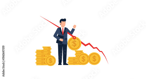 Businessman standing next to falling coin graph, representing financial crisis, economic recession, or investment loss.