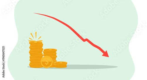Financial Crisis Concept: Falling Stock Market Graph with Coins Illustrating Economic Downturn and Loss