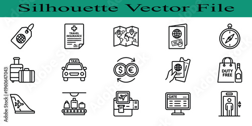 Travel and tourism icons for navigation and transportation services