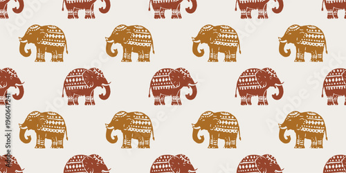 Seamless Elephant Pattern in Earth Tones, Boho Tribal Repeat Background