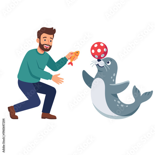 Man playfully offers fish to seal balancing ball on nose outdoors