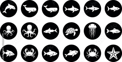 Marine Animals Circle Icons Set with Dolphin Whale Shark Octopus Turtle Jellyfish Crab and Starfish Black Vector Illustration Collection