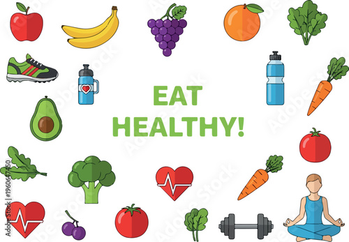 Healthy lifestyle concept with fresh fruits, vegetables, sports equipment, and a person meditating, symbolizing wellness and nutrition