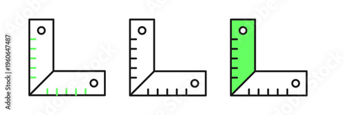 Set line Corner ruler icon isolated on white background. Setsquare, angle ruler, carpentry, measuring utensil, scale. Vector