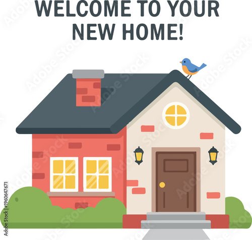 Illustration of a cozy brick house with a red roof and a small blue bird perched on top, celebrating a new home