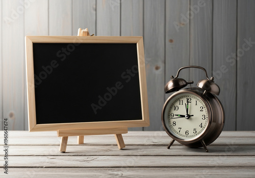木製イーゼル上の黒板と古風な目覚まし時計が静かに時を刻む