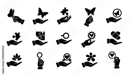 Humanitarian Aid and Charity Icon Set Featuring Helping Hands, Donation Symbols, Volunteer Support, and Social Care Concepts for Nonprofit and Community Service Design
