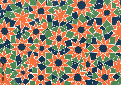 鮮やかな色彩の幾何学模様、オレンジと緑と紺色の抽象的なタイルパターン