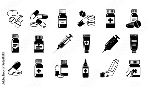 Medical Medication Icon Set with Pills, Syringes, Bottles, Tablets, and Healthcare Symbols for Pharmacy, Treatment, and Drug Therapy Design Use
