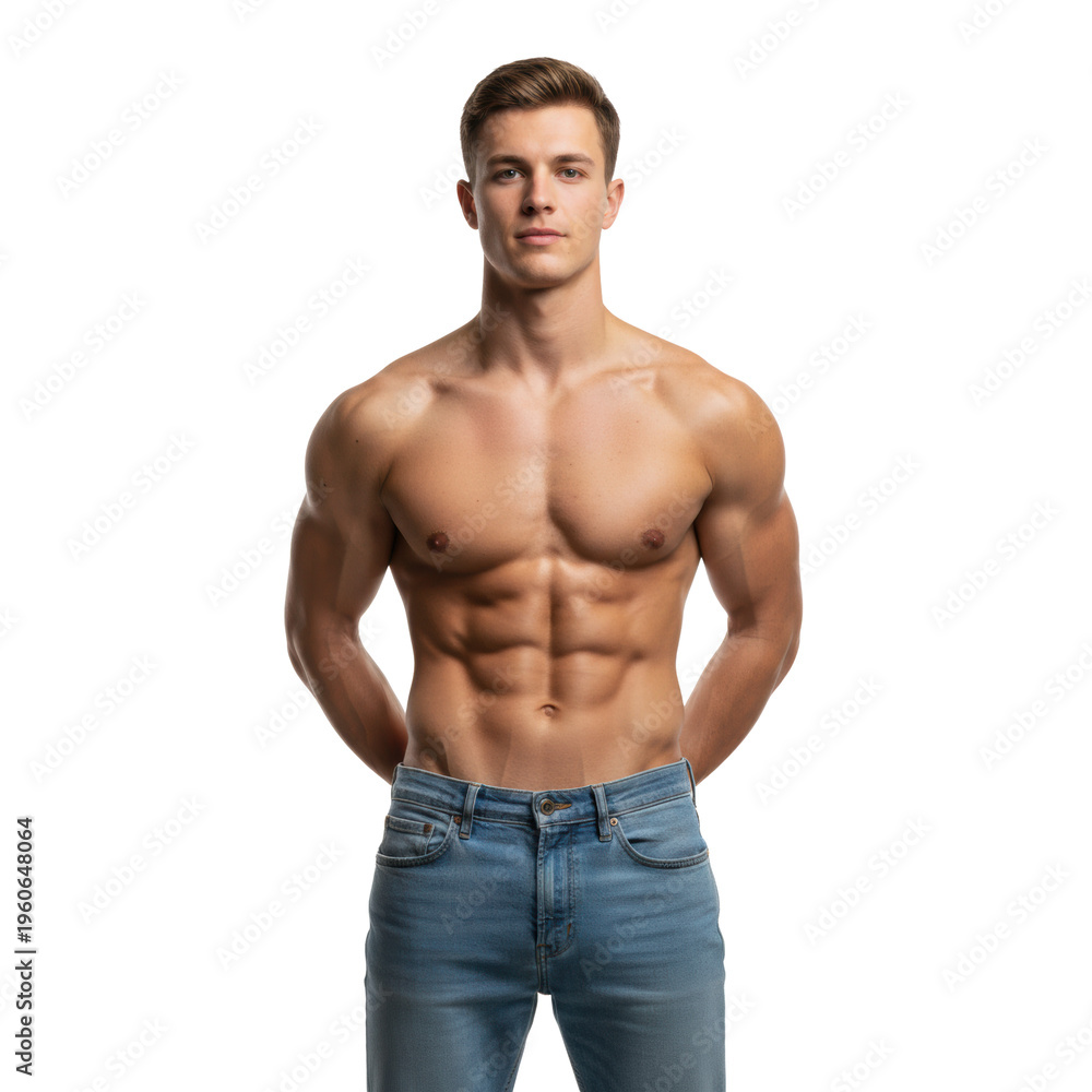 Fototapeta premium Young athletic man in his twenties with defined muscles wearing blue jeans stands in a bright white studio concept of fitness and health