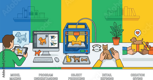 A sequence of four illustrated steps depicts the process of creating a custom dog figurine using 3D modeling and printing technology.